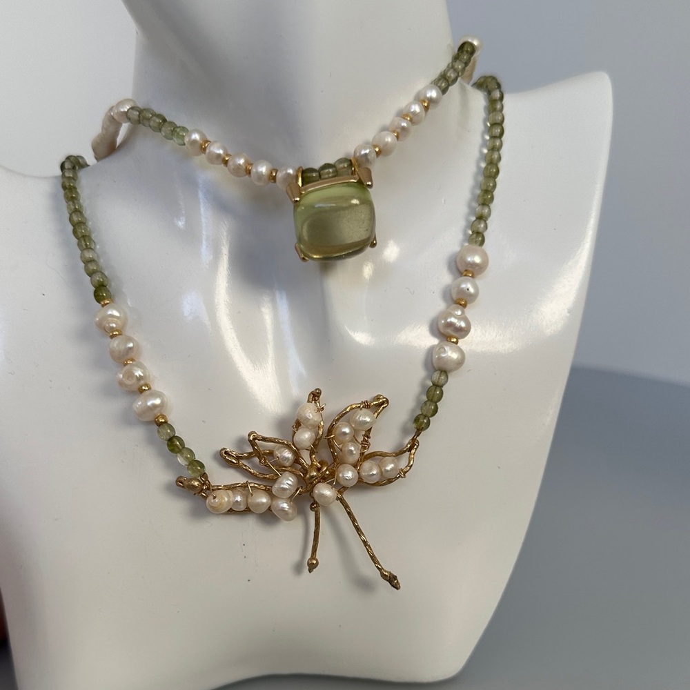 Freshwater Pearl and Green Beaded Necklace with Gold Accents